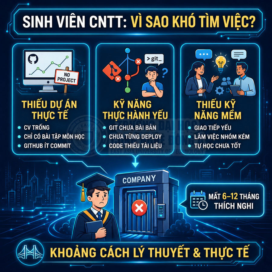 Infographic lý do sinh viên CNTT khó tìm việc vì thiếu dự án thực tế, kỹ năng thực hành và kỹ năng mềm